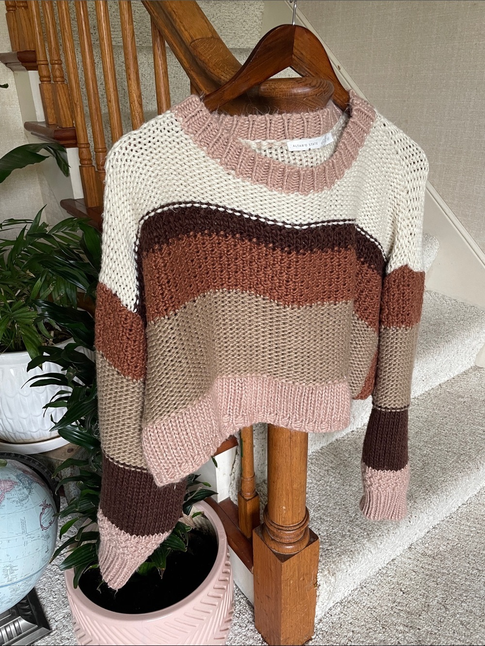 Altar'd State Cropped Striped Crewneck Sweater in Cream, Pink & Brown XL